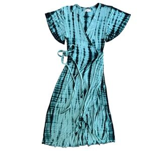 Grace & Lace Women’s L/XL Washed Aqua Short Sl Tie Waist Tie Dye Maxi Wrap Dress